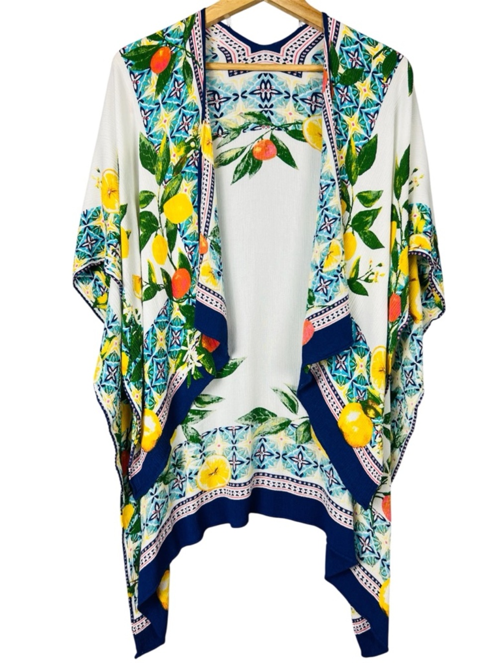 Tropical Citrus Lemons Oranges Kimono Style Cover-Up in White, Yellow & Navy